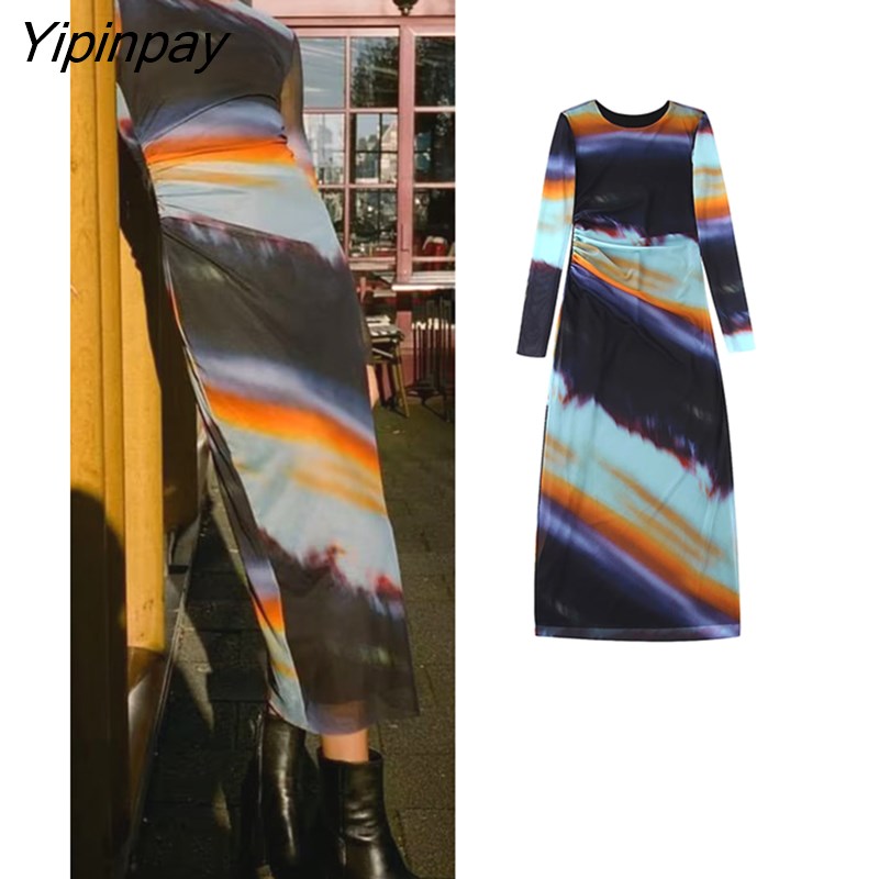Yipinpay 2023 Spring Summer Printed Tulle Dresses Vintage Elegant Party Sheath Mid-Calf Dress Long Sleeve O-neck Vestidos