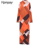 Yipinpay 2023 Women Printed Mid-Calf Dresses Autumn Elegant Haif Turtleneck Dresses Vintage Long Sleeve Zipper Sexy Vestidos