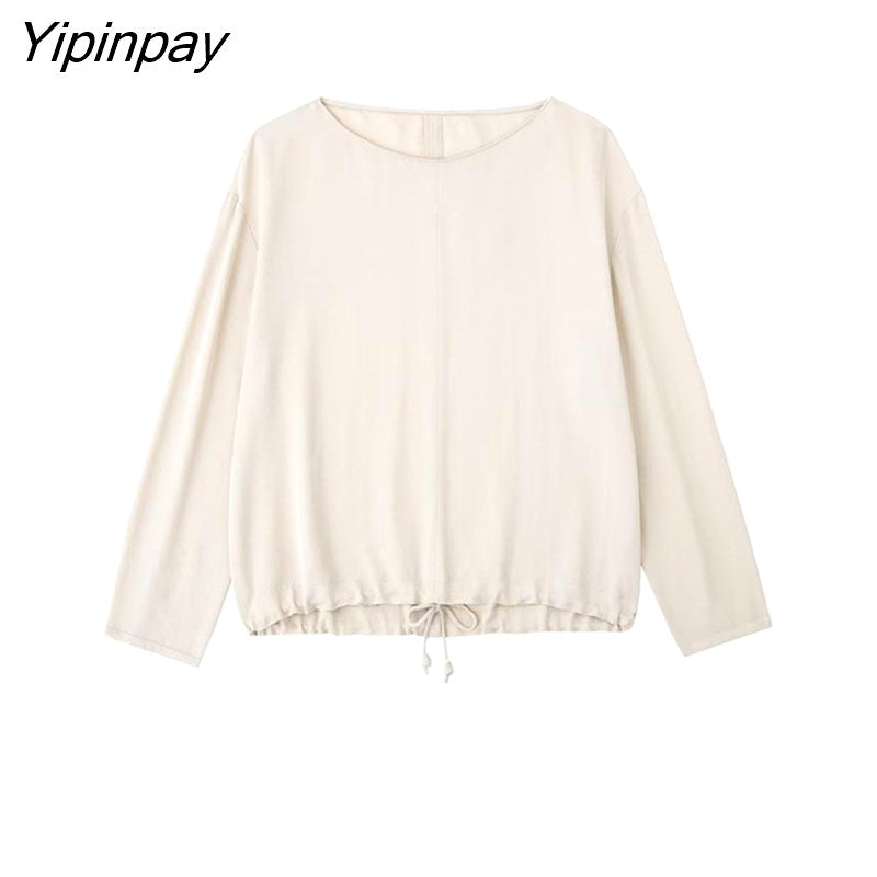 Yipinpay Spring Women Solid Soft Loose Pants Sets 2023 Casual O-Neck Oversized Short Shirt Tops Elastic Waist Wide Leg Pants