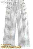 Yipinpay TRAF Fashion 2023 Women's Pant Female Striped High Waist Wide Pants Trousers Ladies Chic Elegant Casual Loose Baggy Pant