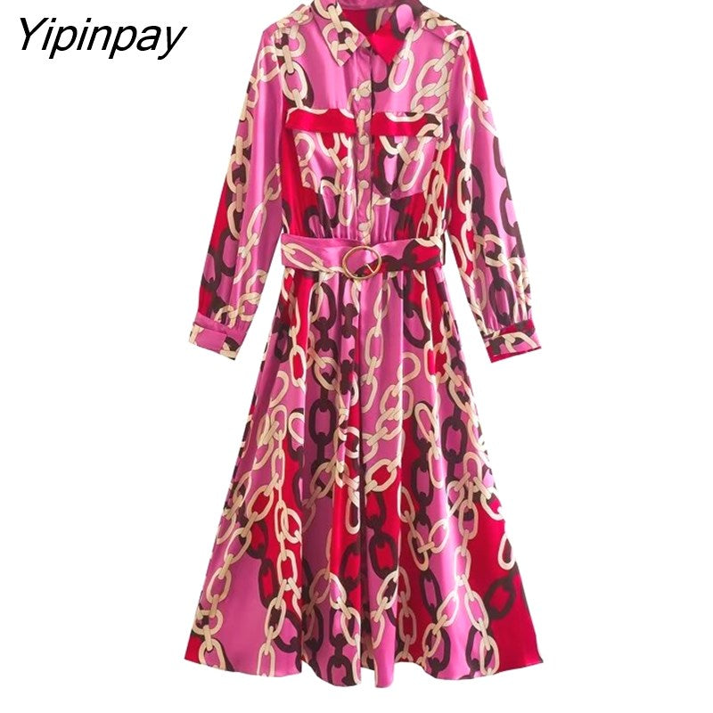 Yipinpay Women Fashion Chain Print Dresses With Belt 2023 Female Elegant Turn Down Collar Dresses Long Sleeve Soft Vestidos