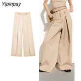 Yipinpay Fashion Women Solid Wide Leg Pants New 2023 Summer High Waist Thin Zipper Full Pants Casual High Street Outwear