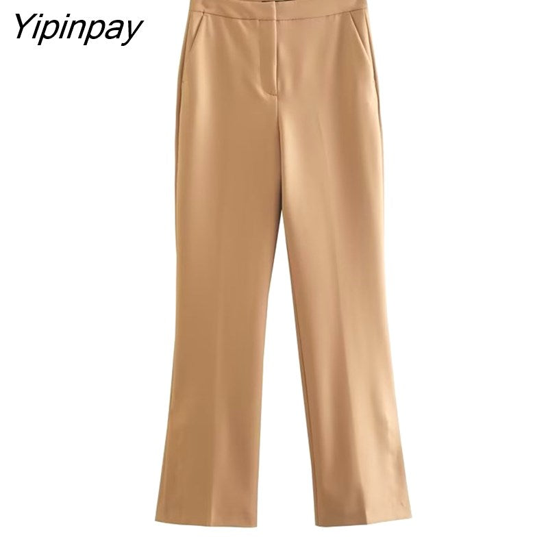 Yipinpay New Women Elegant Blazer Suit Sets 2023 Autumn Winter 2Pcs Single Breasted Office Outfits Zipper Long Trousers Outwear