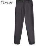 Yipinpay Fashion Solid Black Pants Sets 2023 Spring Autumn Long Sleeved Chic Blouses With Lace +Zipper Pants Street Casual Outwear