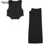 Yipinpay Sexy Summer Women Hollow Out Kintted Sets 2023 Causal O-neck Sleeveless Tops High Waist Straight Skirts Elegant Outwear