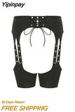 Yipinpay Women's Garter Belt Patchwork Hollow-Out Tie-Up Open Crotch Garter Sexy Lingerie High Thigh Bands Y2K Streetwear