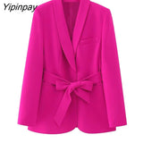 Yipinpay Women 2023 Elegant Blazer Suits Sets Fashion Long Sleeve Jacket With Belt Solid High Waisted Baggy Wide Leg Pants