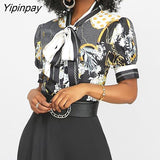 Yipinpay Print Tied Neck Casual Blouse