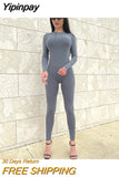 Yipinpay Fall Sports Casual Jumpsuit Women Solid Fashion Diagonal Zipper Pocket Tight Sexy Playsuit Female Street Fitness Overalls