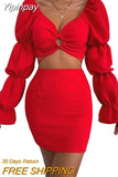 Yipinpay Women Two-Piece Skirt Suits Chic Spring Summer Puff Long Sleeve Cutout Tie Up Crop Tops+Wrap Mini Skirts Party Outfits