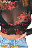Yipinpay Women Sexy T-Shirt Fall Dragon Print Vintage Round Neck Long Sleeve See Through Long Sleeve Mesh Crop Tops Streetwear Club