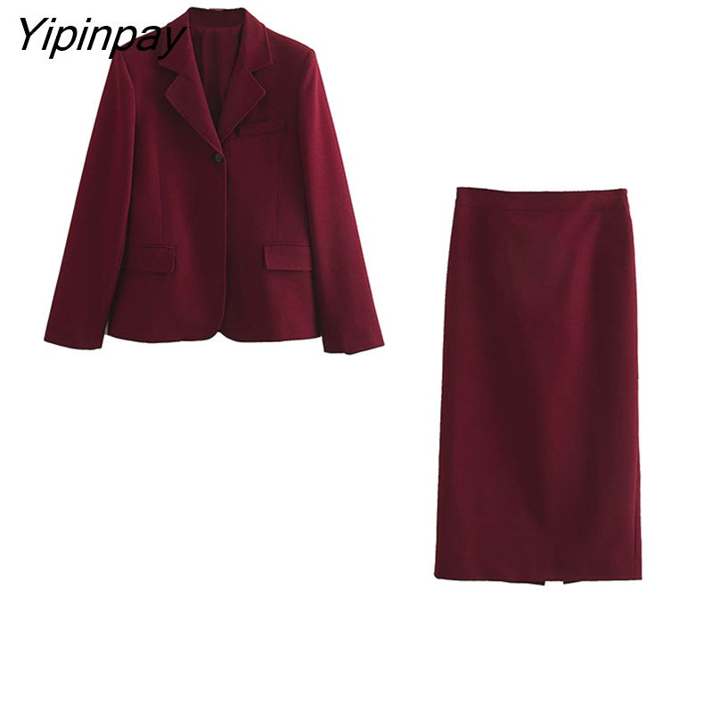 Yipinpay Elegant Women Blazer Skirts Sets 2023 Spring Fashion Female Office Lady Single Button Jackets Mid-Calf A-Line Solid Skirts