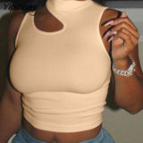 Yipinpay Women Casual Solid Sleeveless Hollow Out Turtleneck Asymmetrical Women Sexy Crop Tops