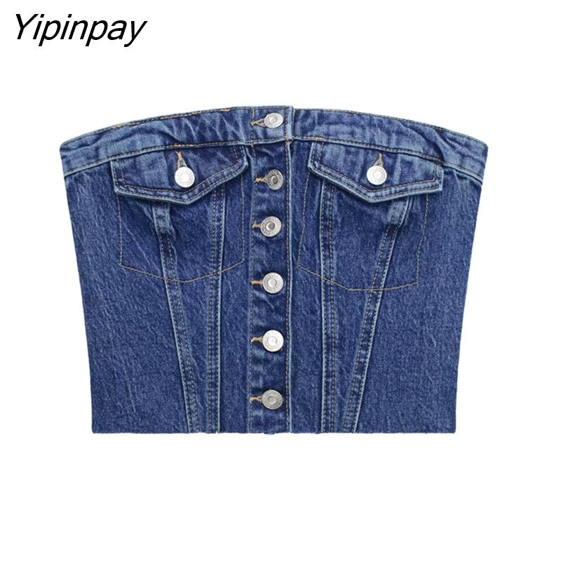 Yipinpay 2023 Fashion Woman Denim Corset Wrap Chest Tops Casual Backless Sleeveless Sexy Button Decoration Summer Causal Sling Tops