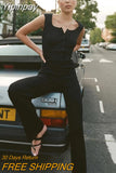 Yipinpay Black Knitted Sleeveless Jumpsuit Women Button Wide Leg Jumpsuits 2023 Femme Streetwear Casual Straight Rompers Overalls