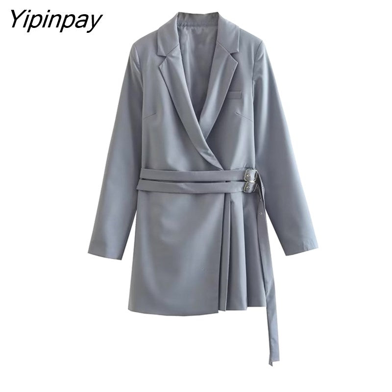 Yipinpay Elegant Women Gray Blazer Dresses With Belt 2023 Fashion Office Outfits Mini Dress Notched Collar Long Sleeve Dress