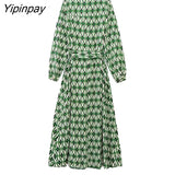 Yipinpay 2023 Women Geometric Dresses With Belt Spring Summer Elegant Turn Down Collar Mid-Calf Dresses A-line Long Sleeve Vestidos