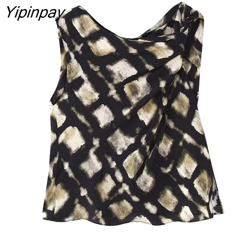 Yipinpay 2023 New Fashion Women Printed Skirts Sets Summer Casual Sleeveless Plaid Top Side Mid-Calf Skirts High Street Outwear
