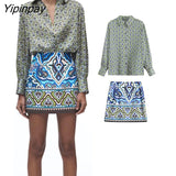 Yipinpay 2023 Women Printed Skirt Sets Spring Summer Elegant Thin Long Sleeve Tops High Waist A-Line Mini Dress Casual Outwear