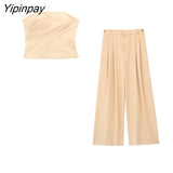Yipinpay Fashion Women Solid Pant Sets 2023 Spring Summer Strapless Tops Women High Waiste Casual Zipper Wide Leg Pants Set