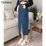 Yipinpay A-line High Waist Long Vintage Versatile Split Denim Skirt Woman