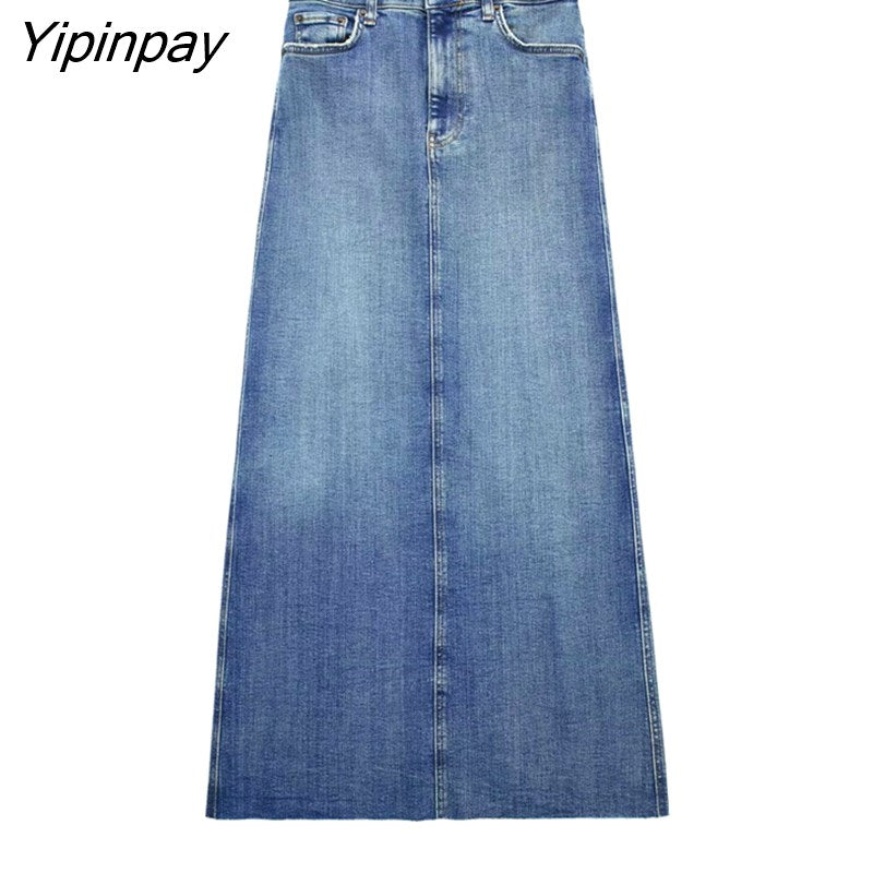 Yipinpay Summer Women's Mid-Calf Denim Skirt 2023 New Vintage High Wasit Zipper Jeans Skirt Female Straight A-line Pencil Skirts