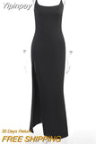 Yipinpay MO Sexy Spaghetti Strap Backless Patchwork Midi Dress Women Autumn Elegant Hight Split Bodycon Evening Dress Vestido