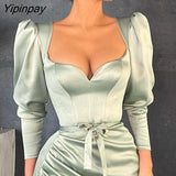 Yipinpay Women High Slit Ruched Plain Evening Dress Maxi Bodycon Dress Elegant Party Dress