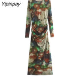 Yipinpay 2023 Women Tulle Mid-Calf Dresses Spring Elegant O-neck Slim Party Sexy Vestidos Fashion Long Sleeve Back Zipper Dresses