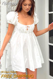 Yipinpay Sweet White Short Puff Sleeve Short Dress Elegant Summer Women Girls Square Neck Ruffles Trim Tie-Up A-Line Dress