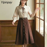 Yipinpay Dress Set Women Autumn 2023 New Lady Style Two Pieces Set Turn-down Collar Shirt and Skirt Autumn