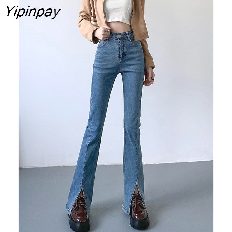 Yipinpay Split Plush Flared Jeans Women High Waist Slim Denim Pants