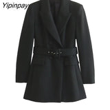 Yipinpay Women Solid Blazer Jacket With Belt 2023 Spring Autumn Notched Office Outfits Coats Double Breasted Chic Outwear Two Colors