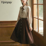 Yipinpay Dress Set Women Autumn 2023 New Lady Style Two Pieces Set Turn-down Collar Shirt and Skirt Autumn