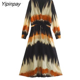 Yipinpay Elegant 2023 Women Tie Dye Dresses WIth Belt Spring Autumn Fashion A-line V-Neck Party Dress Long Sleeve Vestidos