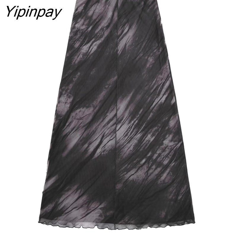 Yipinpay Fashion 2023 Spring Autumn Ladies Tulle Printed Sets Folds O-Neck Top A-Line Mid-Calf Skirts Long Sleeve Casual Suits