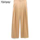 Yipinpay 2023 Women Pant Vest Suit Sets Spring Autumn Fashion V-neck Coat Zipper Wide Leg Pants Basic Causal Office Outfits Outwear
