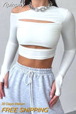 Yipinpay Hollow Out Sexy Long Sleeve Crop Top Women Streetwear Tees Casual 2023 Spring Summer White Skinny Basic T Shirts