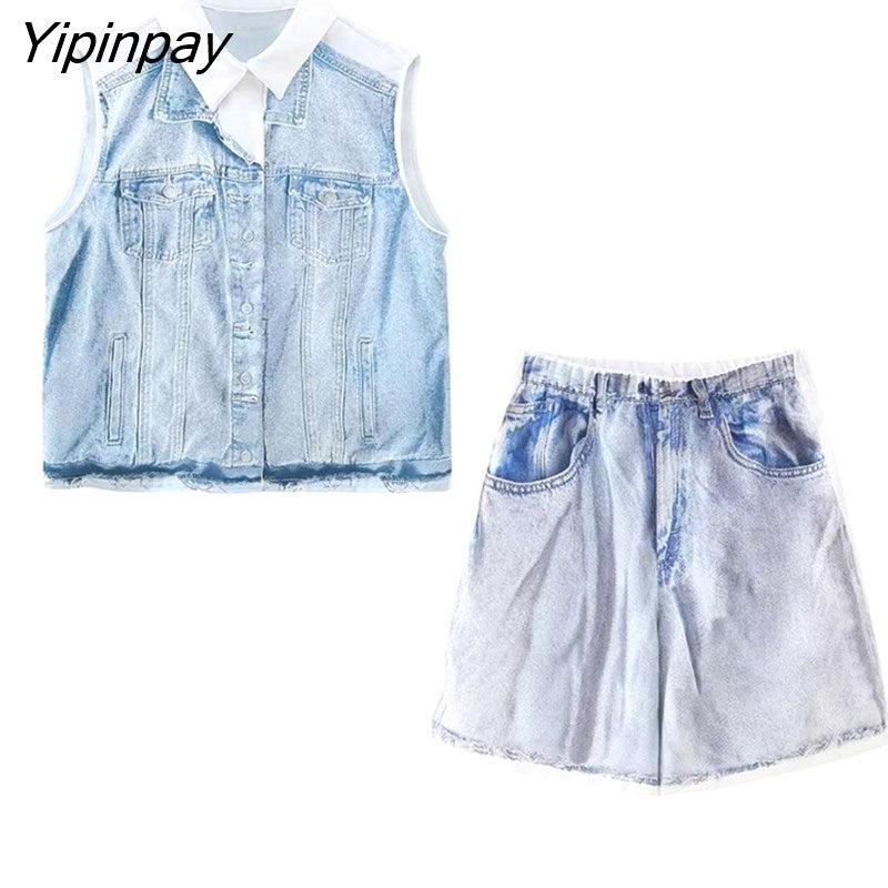 Yipinpay New Thin Skirt Women Summer Fashion Denim Printed Pattern Elastic Female Skirts Big Swing Party Holiday High Waist Skirt