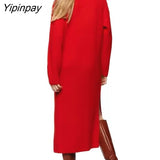 Yipinpay 2023 Winter Women Long Knitted Dress Ladies Party Mid-Calf Turtleneck Warm Vestidos Fashion Long Sleeve A-line Swearters