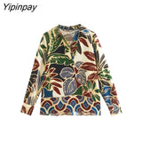 Yipinpay 2023 Women Summer Printed Tops+ Mini Skirts Sets 2 Piece Elegant Turn Down Collar Shirt Blouse Long Sleeve Casual Suits