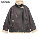 Yipinpay Winter Female Thicken Patchwork Jackets 2023 Fleece Warm Long Sleeve Zipper Coats Loose Vintage Female Waistcoat Chic Tops