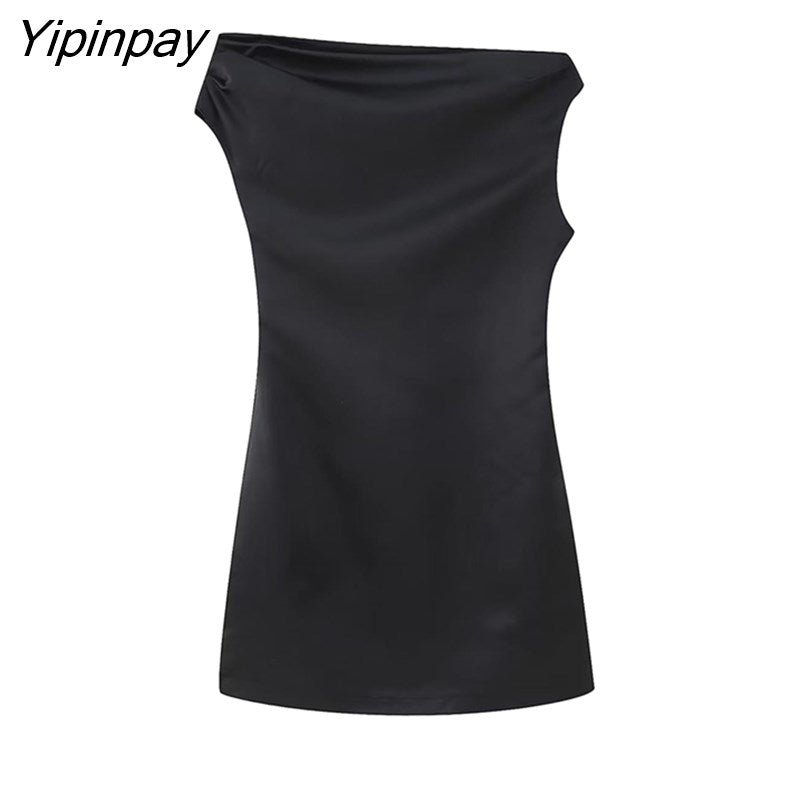 Yipinpay Women Sexy Asymmetrical Dresses 2023 Summer Solid Party Mini Dress Diagonal Collar Vestidos Folds One-Shoulder Dress