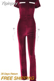 Yipinpay Green Zipper Velvet Jumpsuits For Women Short Sleeve Wide Legs Jumpsuit 2023 Autumn Femme Turn-down Collar Sexy Outfits
