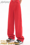 yipinpay Women's Clothing Red Jeans Vintage Casual Straight Self Cultivation Wide Leg Pants High Waist Baggy Denim Trouser Ladies Summer