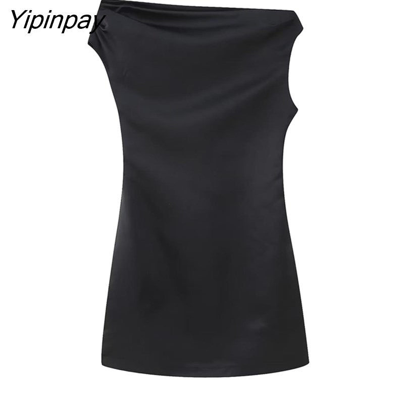Yipinpay Women Sexy Asymmetrical Dresses 2023 Summer Solid Party Mini Dress Diagonal Collar Vestidos Folds One-Shoulder Dress