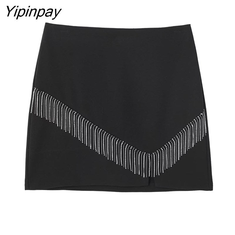 Yipinpay Fashion Women Tassel Mini Skirt 2023 Spring Autumn Causal Solid Vintage A-line Back Zipper Sexy Skirt Streetwear