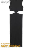 Yipinpay Black Knitted Dresses For Women 2023 Cut Out Bodycon Long Dress Women Sexy Midi Party Dresses Sleeveless Summer Dress