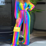 Yipinpay Women Elegant Rainbow Pattern with Belt Straight Deep V Neck Jumpsuit Sexy Jumpsuit