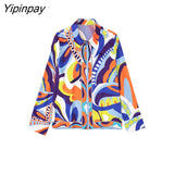 Yipinpay 2023 Summer Women 2PCS Print Blouses+Skirts Set New Turn Down Collar Long Sleeve Tops High Waist Dress Girl Outfits
